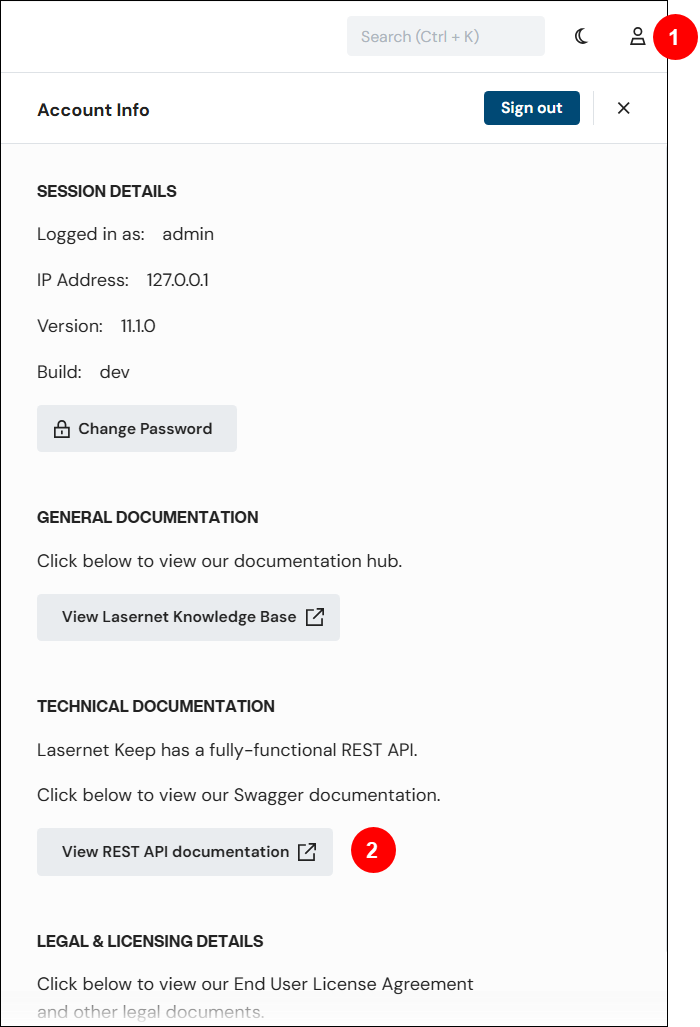 The position of the Account button and the View REST API documentation button in Keep.